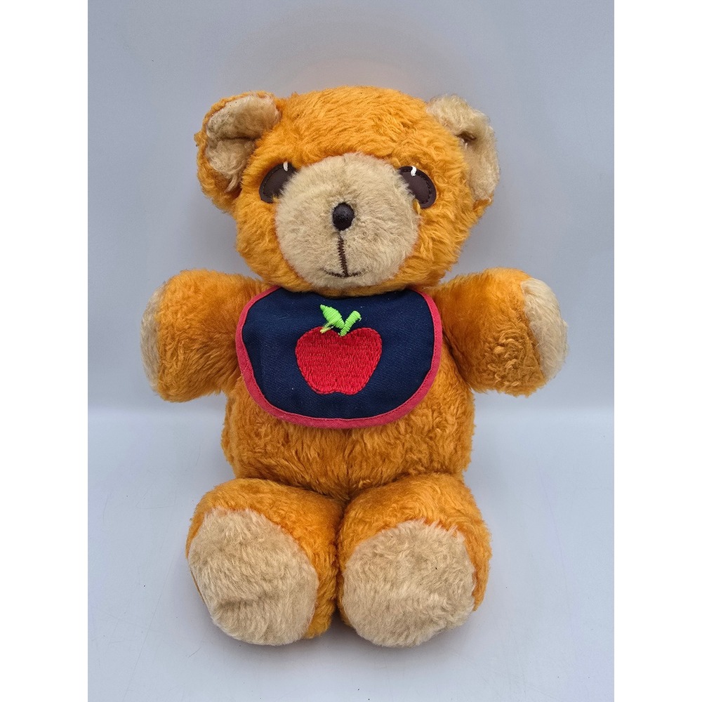 Fisher Price Teddy Bear Plush 1975 Brown Small Good Vintage Apple Bib squeeker